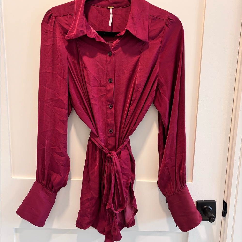 Free People Red Long Sleeve Tie Front Button Down Shirt
